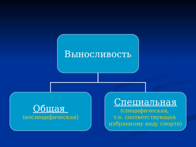 Выносливость Общая Специальная (неспецифическая) (специфическая, т.е. соответствующая избранному виду спорта) 