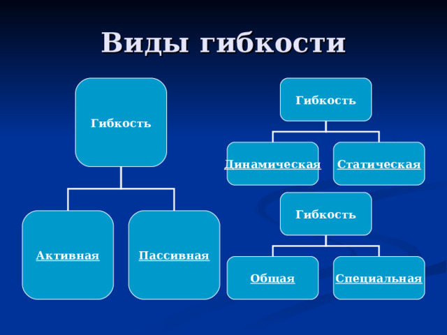 Гибкость  Гибкость  Динамическая Статическая Гибкость Активная Пассивная Общая Специальная 