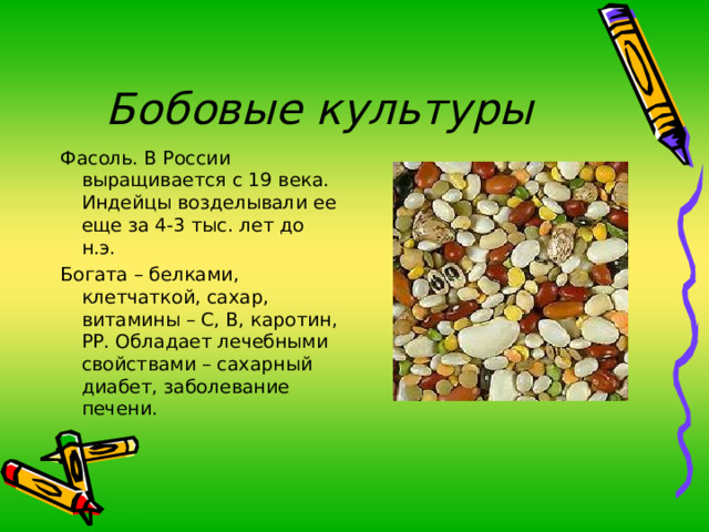 Бобовые культуры Фасоль. В России выращивается с 19 века. Индейцы возделывали ее еще за 4-3 тыс. лет до н.э. Богата – белками, клетчаткой, сахар, витамины – С, В, каротин, РР. Обладает лечебными свойствами – сахарный диабет, заболевание печени. 