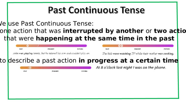 We use Past Continuous Tense: one action that was interrupted by another or two actions  that were happening at the same time in the past to describe a past action in progress at a certain time  