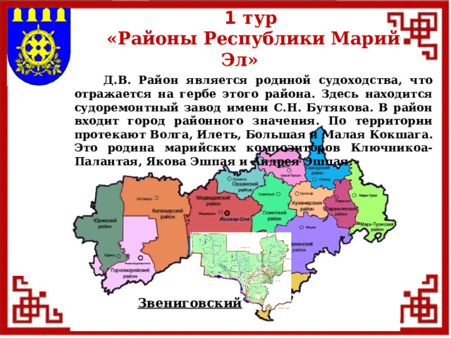 1 тур  «Районы Республики Марий Эл»  Д.В. Район является родиной судоходства, что отражается на гербе этого района. Здесь находится судоремонтный завод имени С.Н. Бутякова. В район входит город районного значения. По территории протекают Волга, Илеть, Большая и Малая Кокшага. Это родина марийских композиторов Ключникоа-Палантая, Якова Эшпая и Андрея Эшпая. Звениговский  