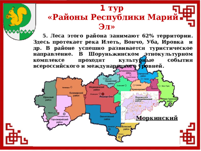 1 тур  «Районы Республики Марий Эл»  5. Леса этого района занимают 62% территории. Здесь протекает река Илеть, Вончо, Уба, Ировка и др. В районе успешно развивается туристическое направление. В Шоруньжинском этнокультурном комплексе проходят культурные события всероссийского и международного уровней. Моркинский  