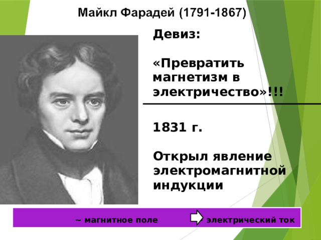 Девиз:   «Превратить магнетизм в электричество»!!! 1831 г.  Открыл явление электромагнитной индукции ~ магнитное поле ~ электрический ток  