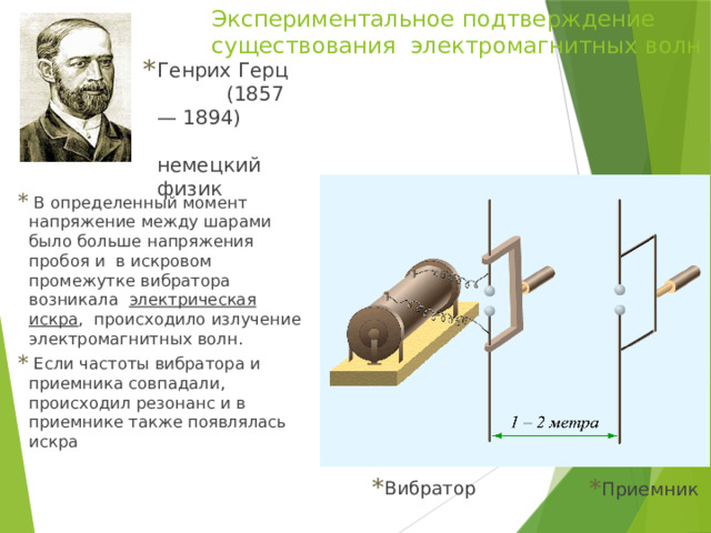 Экспериментальное подтверждение существования электромагнитных волн Генрих Герц (1857— 1894) немецкий физик  В определенный момент напряжение между шарами было больше напряжения пробоя и в искровом промежутке вибратора возникала электрическая искра , происходило излучение электромагнитных волн.  Если частоты вибратора и приемника совпадали, происходил резонанс и в приемнике также появлялась искра Вибратор Приемник 