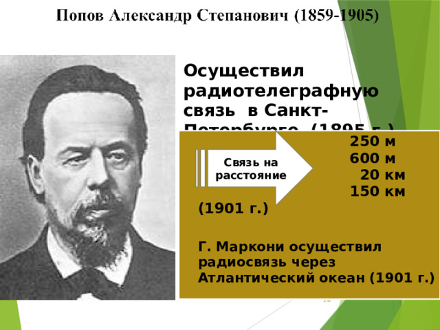 Осуществил радиотелеграфную связь в Санкт-Петербурге (1895 г.)  Связь на расстояние  250 м  600 м  20 км  150 км (1901 г.)  Г. Маркони осуществил радиосвязь через Атлантический океан (1901 г.)    