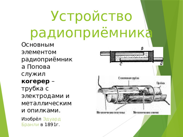 Устройство радиоприёмника Основным элементом радиоприёмника Попова служил когерер – трубка с электродами и металлическими опилками. Изобрёл Эдуард Бранли в 1891г. 