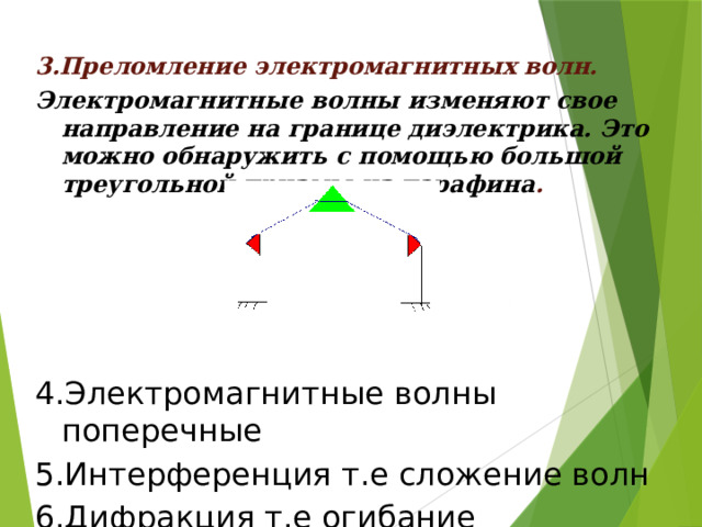 3.Преломление электромагнитных волн. Электромагнитные волны изменяют свое направление на границе диэлектрика. Это можно обнаружить с помощью большой треугольной призмы из парафина . 4.Электромагнитные волны поперечные 5.Интерференция т.е сложение волн 6.Дифракция т.е огибание препятствий волнами 
