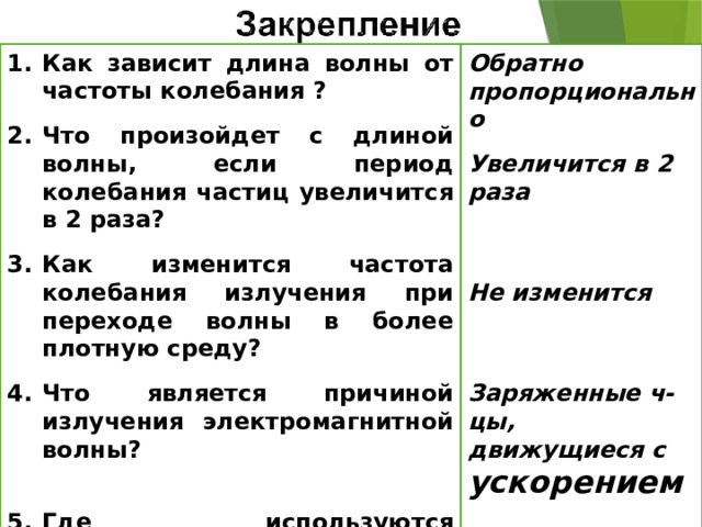 Обратно пропорционально Как зависит длина волны от частоты колебания ?   Что произойдет с длиной волны, если период колебания частиц увеличится в 2 раза? Увеличится в 2 раза   Как изменится частота колебания излучения при переходе волны в более плотную среду?    Не изменится Что является причиной излучения электромагнитной волны?     Где используются электромагнитные волны?  Заряженные ч-цы, движущиеся с ускорением      