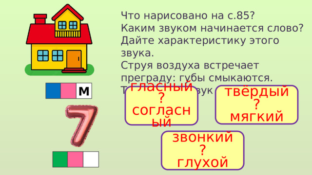 Что нарисовано на с.85? Каким звуком начинается слово? Дайте характеристику этого звука. Струя воздуха встречает преграду: губы смыкаются. Тянуть этот звук нельзя. М твёрдый ? мягкий гласный ? согласный звонкий ? глухой   