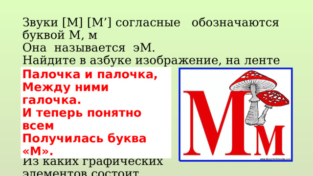 Звуки [М] [М’] согласные обозначаются буквой М, м Она называется эМ. Найдите в азбуке изображение, на ленте букв. Из каких графических элементов состоит Выложите палочками… Палочка и палочка, Между ними галочка. И теперь понятно всем Получилась буква «М». 