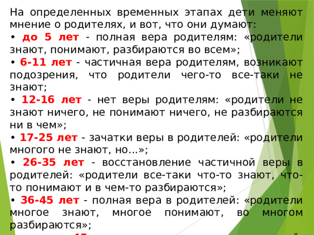 На определенных временных этапах дети меняют мнение о родителях, и вот, что они думают: • до 5 лет - полная вера родителям: «родители знают, понимают, разбираются во всем»; • 6-11 лет - частичная вера родителям, возникают подозрения, что родители чего-то все-таки не знают; • 12-16 лет - нет веры родителям: «родители не знают ничего, не понимают ничего, не разбираются ни в чем»; • 17-25 лет - зачатки веры в родителей: «родители многого не знают, но...»; • 26-35 лет - восстановление частичной веры в родителей: «родители все-таки что-то знают, что-то понимают и в чем-то разбираются»; • 36-45 лет - полная вера в родителей: «родители многое знают, многое понимают, во многом разбираются»; • старше 45 лет - полное признание родителей: «родители знали ответы на все вопросы, были во всем правы». 