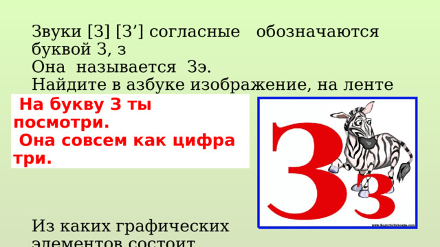 Звуки [З] [З’] согласные обозначаются буквой З, з Она называется Зэ. Найдите в азбуке изображение, на ленте букв. Из каких графических элементов состоит Выложите палочками…  На букву З ты посмотри.  Она совсем как цифра три. 