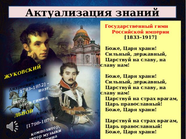 ЖУКОВСКИЙ  Василий Андреевич [ 17 83 –18 52 ] – поэт, автор слов гимна   ЛЬВОВ  Алексей Фёдорович  [1798–1870] – композитор, автор музыки гимна   Актуализация знаний Государственный гимн Российской империи [ 1833–1917 ]   Боже, Царя храни!  Сильный, державный,  Царствуй на славу, на славу нам!   Боже, Царя храни!  Сильный, державный,  Царствуй на славу, на славу нам!  Царствуй на страх врагам,  Царь православный!  Боже, Царя храни!   Царствуй на страх врагам,  Царь православный!  Боже, Царя храни!  