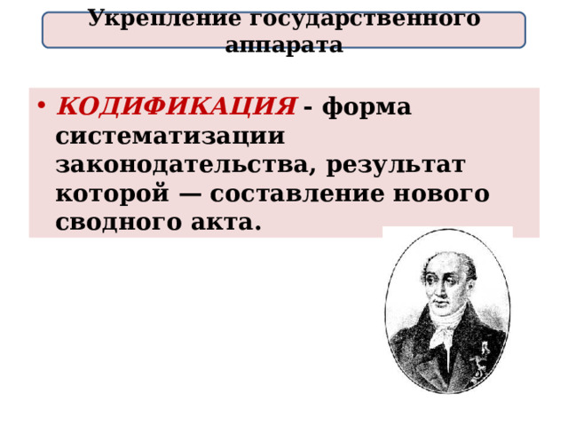 Укрепление государственного аппарата КОДИФИКАЦИЯ - форма систематизации законодательства, результат которой — составление нового сводного акта. 