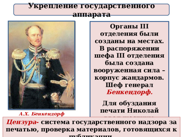 Укрепление государственного аппарата Органы III отделения были созданы на местах. В распоряжении шефа III отделения была создана вооруженная сила – корпус жандармов. Шеф генерал Бенкендорф. Для обуздания печати Николай ввел жесткую  цензуру. А.Х. Бенкендорф Цензура - система государственного надзора за печатью, проверка материалов, готовящихся к публикации. 