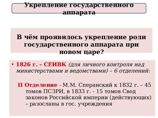 Укрепление государственного аппарата  В чём проявилось укрепление роли государственного аппарата при новом царе? 1826 г. – СЕИВК (для личного контроля над министерствами и ведомствами) – 6 отделений:   II Отделение - М.М. Сперанский к 1832 г. – 45 томов ПСЗРИ, в 1833 г. - 15 томов Свод законов Российской империи (действующих) – разосланы в гос. учреждения II Отделение - М.М. Сперанский к 1832 г. – 45 томов ПСЗРИ, в 1833 г. - 15 томов Свод законов Российской империи (действующих) – разосланы в гос. учреждения 