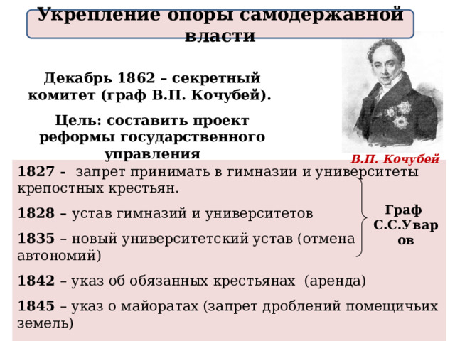 Укрепление опоры самодержавной власти Декабрь 1862 – секретный комитет (граф В.П. Кочубей). Цель: составить проект реформы государственного управления В.П. Кочубей 1827 - запрет принимать в гимназии и университеты крепостных крестьян. 1828 – устав гимназий и университетов 1835 – новый университетский устав (отмена автономий) 1842 – указ об обязанных крестьянах (аренда) 1845 – указ о майоратах (запрет дроблений помещичьих земель) 1847 - выкуп крестьянами поместий с торгов Граф С.С.Уваров 