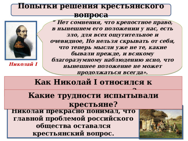 Попытки решения крестьянского вопроса “ Нет сомнения, что крепостное право, в нынешнем его положении у нас, есть зло, для всех ощутительное и очевидное, Но нельзя скрывать от себя, что теперь мысли уже не те, какие бывали прежде, и всякому благоразумному наблюдению ясно, что нынешнее положение не может продолжаться всегда». Николай I Как Николай I относился к крепостному праву? Какие трудности испытывали крестьяне? Николай прекрасно понимал, что главной проблемой российского общества оставался крестьянский вопрос. 