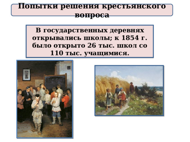Попытки решения крестьянского вопроса В государственных деревнях открывались школы; к 1854 г. было открыто 26 тыс. школ со 110 тыс. учащимися. 