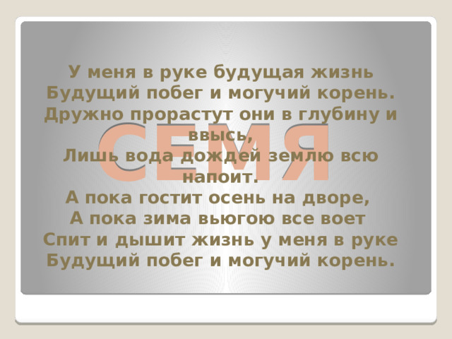 У меня в руке будущая жизнь  Будущий побег и могучий корень.  Дружно прорастут они в глубину и ввысь,  Лишь вода дождей землю всю напоит.  А пока гостит осень на дворе,  А пока зима вьюгою все воет  Спит и дышит жизнь у меня в руке  Будущий побег и могучий корень.   СЕМЯ 