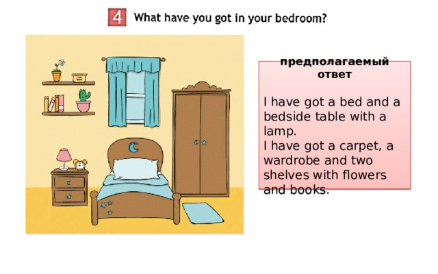 предполагаемый ответ I have got a bed and a bedside table with a lamp. I have got a carpet, a wardrobe and two shelves with flowers and books. 