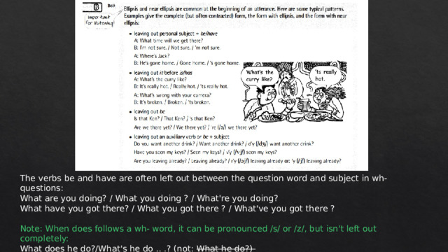 The verbs be and have are often left out between the question word and subject in wh- questions: What are you doing? / What you doing ? / What're you doing? What have you got there? / What you got there ? / What've you got there ? Note: When does follows a wh- word, it can be pronounced /s/ or /z/, but isn't left out completely: What does he do?/What's he do .. .? (not: What he do?) When does it start?/When's it start? (not: When it start?) 