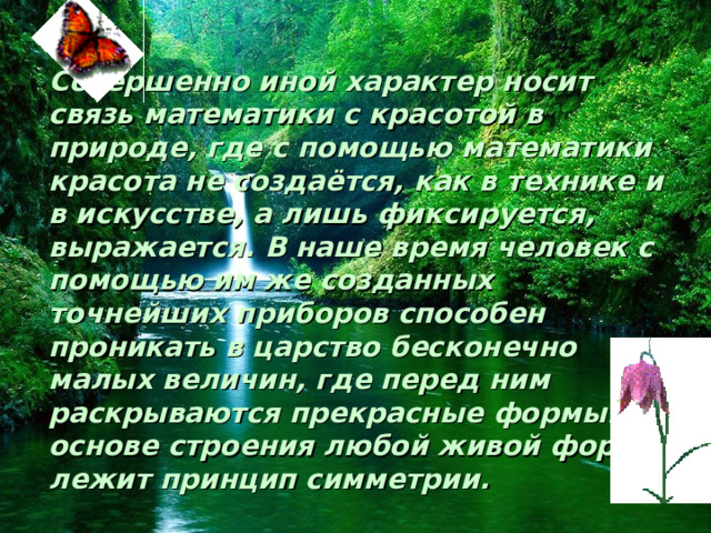 Совершенно иной характер носит связь математики с красотой в природе, где с помощью математики красота не создаётся, как в технике и в искусстве, а лишь фиксируется, выражается. В наше время человек с помощью им же созданных точнейших приборов способен проникать в царство бесконечно малых величин, где перед ним раскрываются прекрасные формы. В основе строения любой живой формы лежит принцип симметрии.  