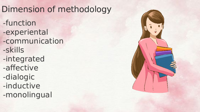 Dimension of methodology -function -experiental -communication -skills -integrated -affective -dialogic -inductive -monolingual 