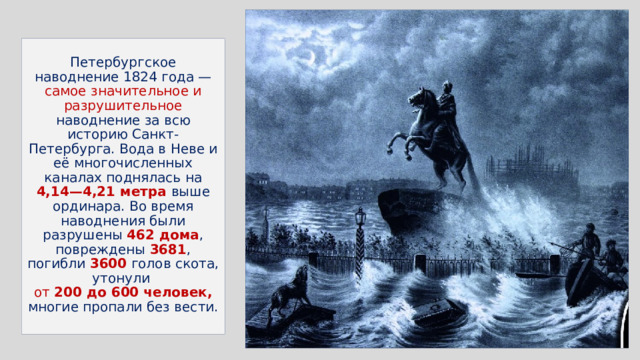  Петербургское наводнение 1824 года — самое значительное и разрушительное наводнение за всю историю Санкт-Петербурга. Вода в Неве и её многочисленных каналах поднялась на 4,14—4,21 метра выше ординара. Во время наводнения были разрушены 462 дома , повреждены 3681 , погибли 3600 голов скота, утонули  от 200 до 600 человек, многие пропали без вести.   
