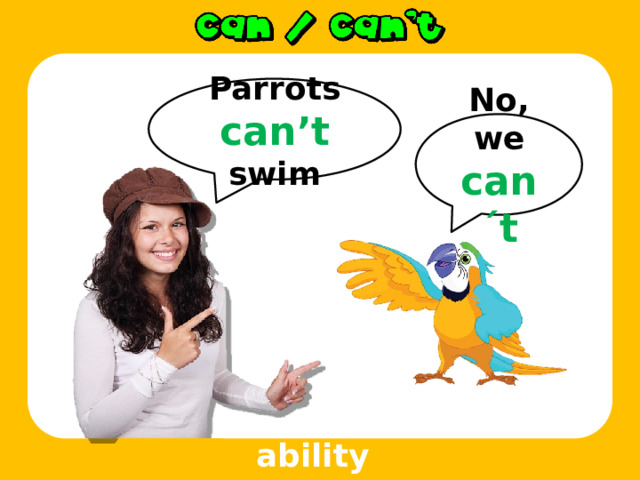 Parrots can’t swim No, we can´t ability 