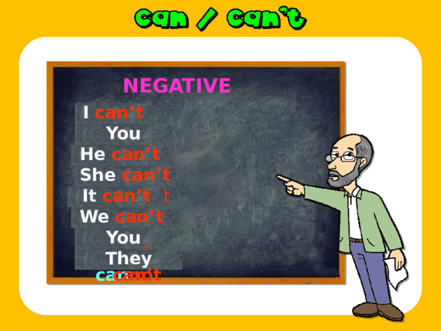 NEGATIVE I  can not I can’t You  can not You can’t He  can not He can’t She can’t She  can not It can’t It  can not We can’t We  can not You  can not You can’t They can’t They  can not 
