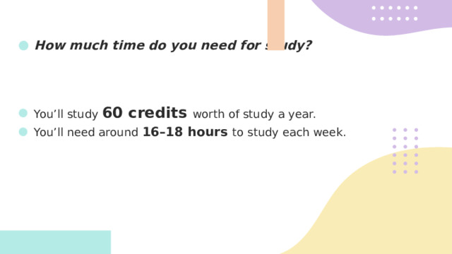 How much time do you need for study?    You’ll study 60 credits worth of study a year. You’ll need around 16–18 hours to study each week. 