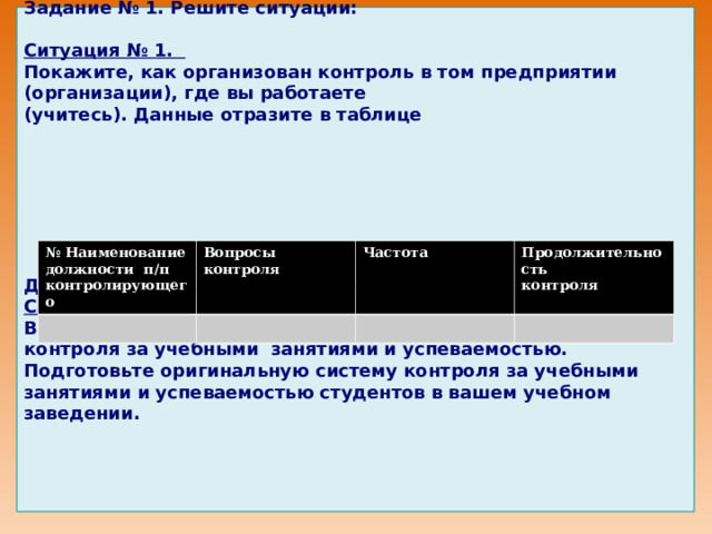                 Задание № 1. Решите ситуации:  Ситуация № 1. Покажите, как организован контроль в том предприятии (организации), где вы работаете (учитесь). Данные отразите в таблице        Дайте рекомендации по повышению действенности контроля. Ситуация № 2. Вы готовитесь к конкурсу на самую оригинальную систему контроля за учебными занятиями и успеваемостью. Подготовьте оригинальную систему контроля за учебными занятиями и успеваемостью студентов в вашем учебном заведении.                 № Наименование должности п/п контролирующего Вопросы контроля Частота П родолжительность контроля 
