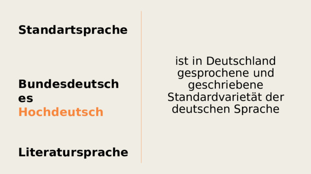 Standartsprache ist in Deutschland gesprochene und geschriebene Standardvarietät der deutschen Sprache Bundesdeutsches Hochdeutsch Literatursprache 