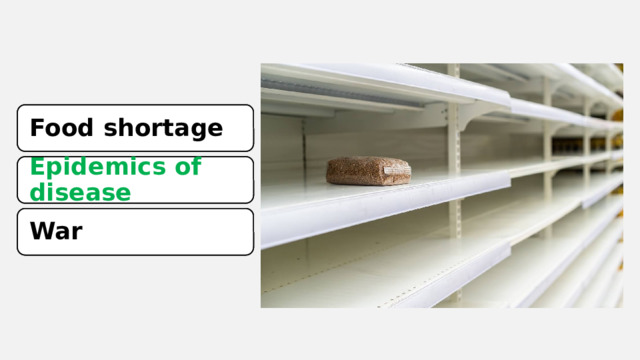 Food shortage Food shortage Epidemics of disease Epidemics of disease War War 