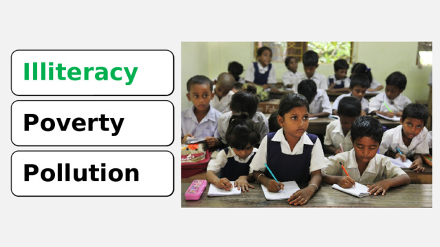Illiteracy Illiteracy Poverty Poverty Pollution Pollution 