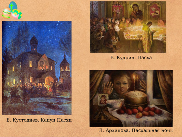 В. Кудрин. Пасха Б. Кустодиев. Канун Пасхи Л. Архипова. Пасхальная ночь 