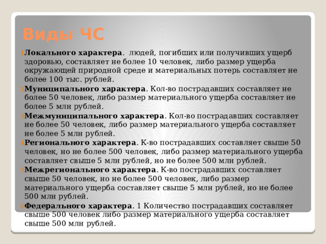 Виды ЧС Локального характера .  людей, погибших или получивших ущерб здоровью, составляет не более 10 человек, либо размер ущерба окружающей природной среде и материальных потерь составляет не более 100 тыс. рублей.  Муниципального характера . Кол-во пострадавших составляет не более 50 человек, либо размер материального ущерба составляет не более 5 млн рублей.  Межмуниципального характера . Кол-во пострадавших составляет не более 50 человек, либо размер материального ущерба составляет не более 5 млн рублей.  Регионального характера . К-во пострадавших составляет свыше 50 человек, но не более 500 человек, либо размер материального ущерба составляет свыше 5 млн рублей, но не более 500 млн рублей.  Межрегионального характера . К-во пострадавших составляет свыше 50 человек, но не более 500 человек, либо размер материального ущерба составляет свыше 5 млн рублей, но не более 500 млн рублей.  Федерального характера . 1 Количество пострадавших составляет свыше 500 человек либо размер материального ущерба составляет свыше 500 млн рублей.  