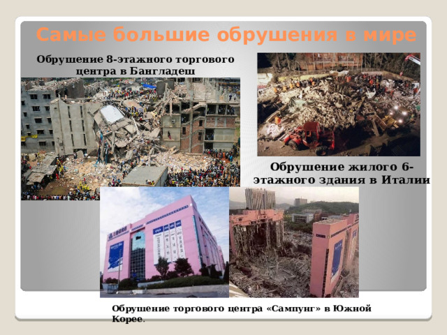 Самые большие обрушения в мире   Обрушение 8-этажного торгового центра в Бангладеш Обрушение жилого 6-этажного здания в Италии Обрушение торгового центра «Сампунг» в Южной Корее . 