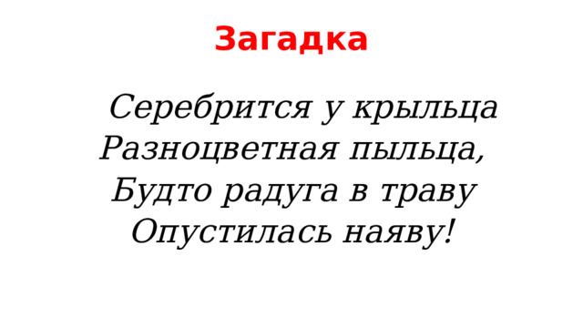 Загадка  Серебрится у крыльца Разноцветная пыльца, Будто радуга в траву Опустилась наяву! 