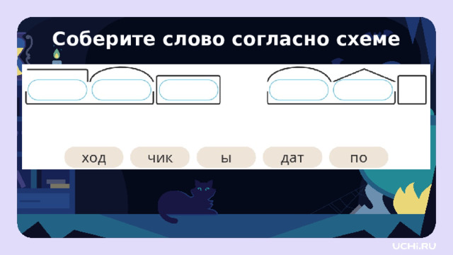 Соберите слово согласно схеме Первичное применение  — А теперь задание наоборот: нужно собрать слово согласно схеме. Внизу для подсказки разбросаны части слов. — Узнаёте среди них суффиксы? ( -чик .) — К какой части речи этот суффикс принадлежит? (К имени существительному.) — Какое у него значение? (Уменьшительно ласкательное значение.) — Какие слова получились? (Походы, датчик.)  Заметка: это задание вы можете провести, показав в презентации, или интерактивно, загрузив урок «Значение наиболее употребляемых суффиксов изученных частей речи. Состав неизменяемых слов» из сервиса «Подготовка к уроку». 13 