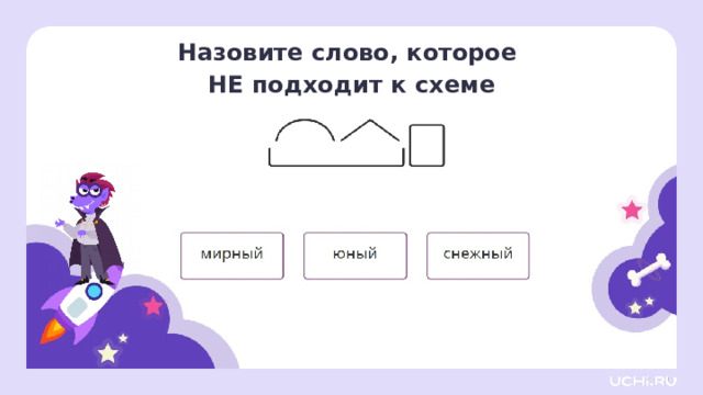 Назовите слово, которое НЕ подходит к схеме Первичное применение  — А теперь назовите слово, которое не подходит к схеме. Почему? (Юный — корень -юн- , окончание -ый . В слове нет суффикса.) 13 
