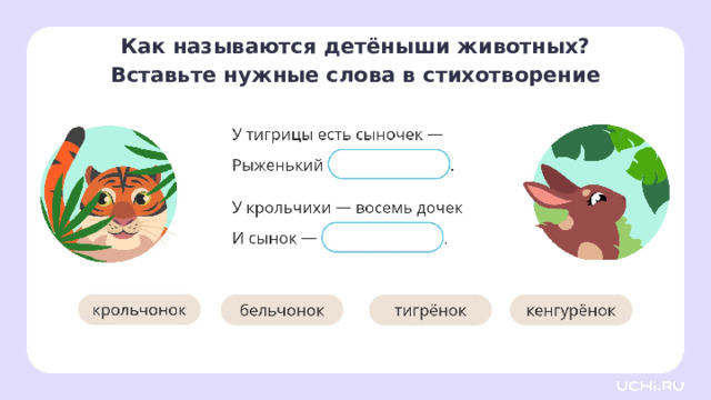 Как называются детёныши животных? Вставьте нужные слова в стихотворение Открытие нового знания — Как называются детёныши животных? Вставьте пропущенные слова в стихотворение. — Выделите суффиксы в словах. — Какое значение есть у этих суффиксов?   Заметка: это задание вы можете провести, показав в презентации, или интерактивно, загрузив урок «Значение наиболее употребляемых суффиксов изученных частей речи. Состав неизменяемых слов» из сервиса «Подготовка к уроку». 1 