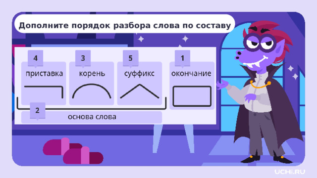 Дополните порядок разбора слова по составу Открытие нового знания — Отлично! Проверяем ваше рассуждение. Какую особенность и у какой части слова мы должны помнить? (Окончание — это единственная изменяемая часть слова.)  