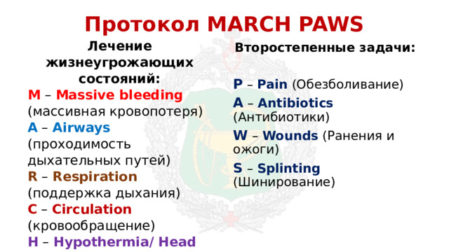 Протокол MARCH PAWS Лечение жизнеугрожающих состояний: M – Massive bleeding (массивная кровопотеря) A – Airways (проходимость дыхательных путей) R – Respiration (поддержка дыхания) C – Circulation (кровообращение) H – Hypothermia/ Head injuries (переохлаждение и травмы головы) Второстепенные задачи:  P – Pain (Обезболивание) A – Antibiotics (Антибиотики) W – Wounds (Ранения и ожоги) S – Splinting (Шинирование) 
