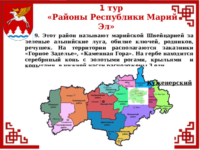 1 тур  «Районы Республики Марий Эл»  9. Этот район называют марийской Швейцарией за зеленые альпийские луга, обилие ключей, родников, речушек. На территории располагаются заказники «Горное Заделье», «Каменная Гора». На гербе находится серебряный конь с золотыми рогами, крыльями и копытами, в нижней части расположены 3 ели. Куженерский  