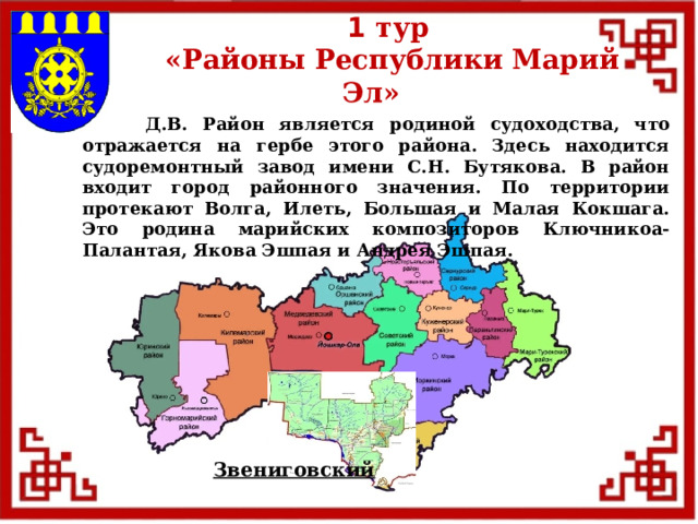 1 тур  «Районы Республики Марий Эл»  Д.В. Район является родиной судоходства, что отражается на гербе этого района. Здесь находится судоремонтный завод имени С.Н. Бутякова. В район входит город районного значения. По территории протекают Волга, Илеть, Большая и Малая Кокшага. Это родина марийских композиторов Ключникоа-Палантая, Якова Эшпая и Андрея Эшпая. Звениговский  