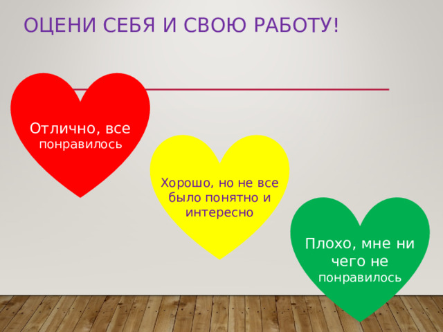 ОЦЕНИ СЕБЯ И СВОЮ РАБОТУ ! Отлично, все понравилось Хорошо, но не все было понятно и интересно Плохо, мне ни чего не понравилось 