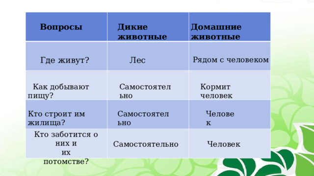 Дикие животные Домашние животные Вопросы Где живут? Лес Рядом с человеком Кормит человек  Как добывают пищу? Самостоятельно Кто строит им жилища? Самостоятельно Человек Кто заботится о них и их потомстве? Самостоятельно Человек 