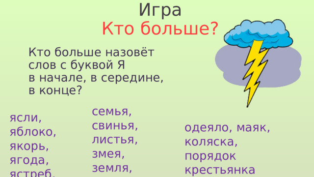 Игра Кто больше? Кто больше назовёт слов с буквой Я в начале, в середине, в конце? семья, свинья, листья, змея, земля, время ясли, яблоко, якорь, ягода, ястреб, язык одеяло, маяк, коляска, порядок крестьянка 